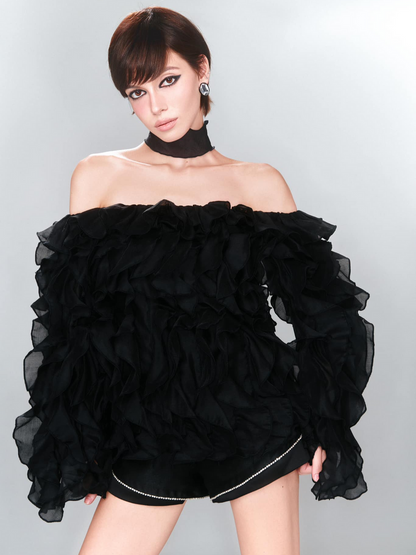 Off-Shoulder Ruffled Chiffon Blouse